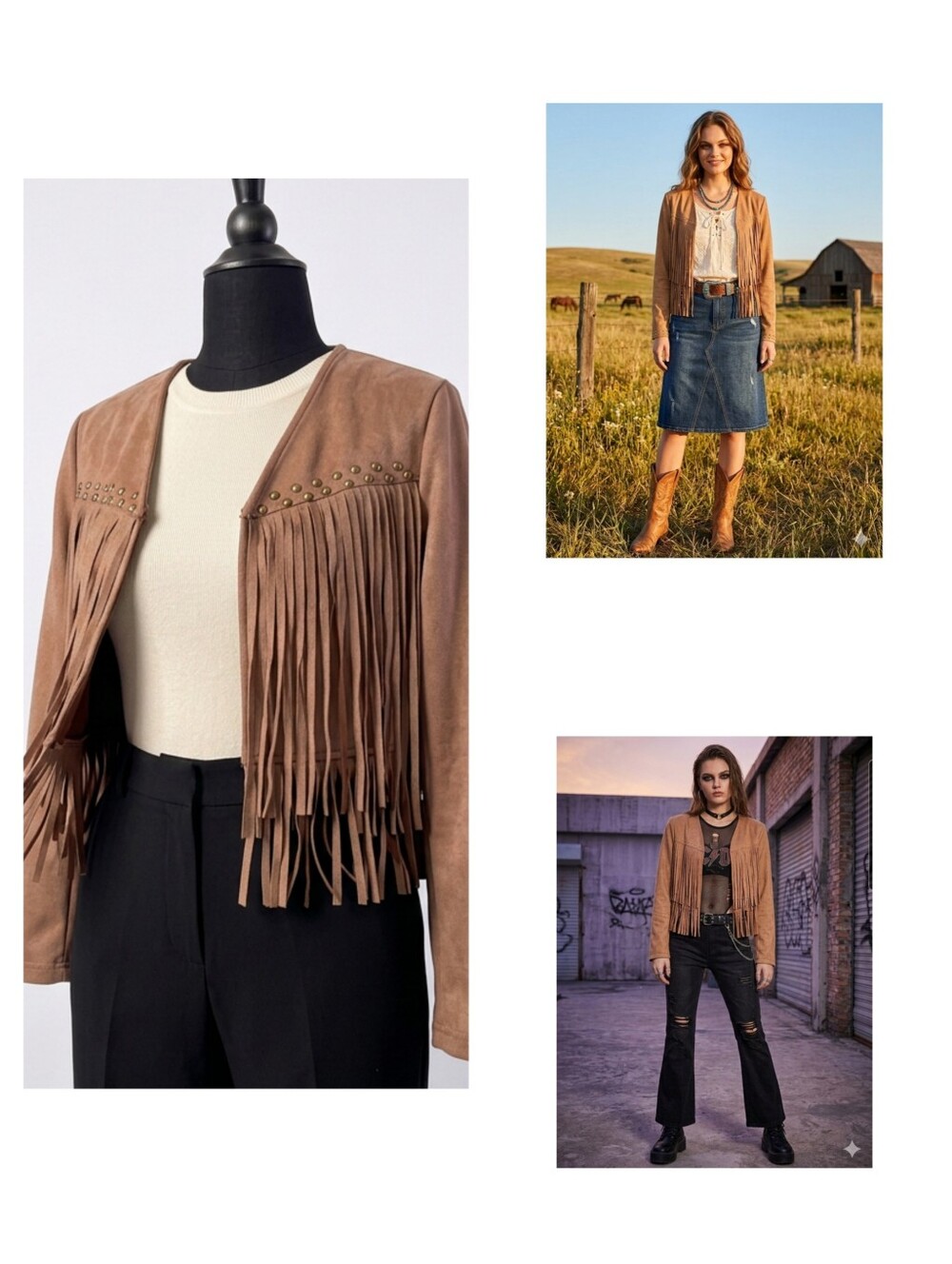 SHEIN Faux Suede Cropped Western Fringe Jacket Gold Studs Camel L Excellent